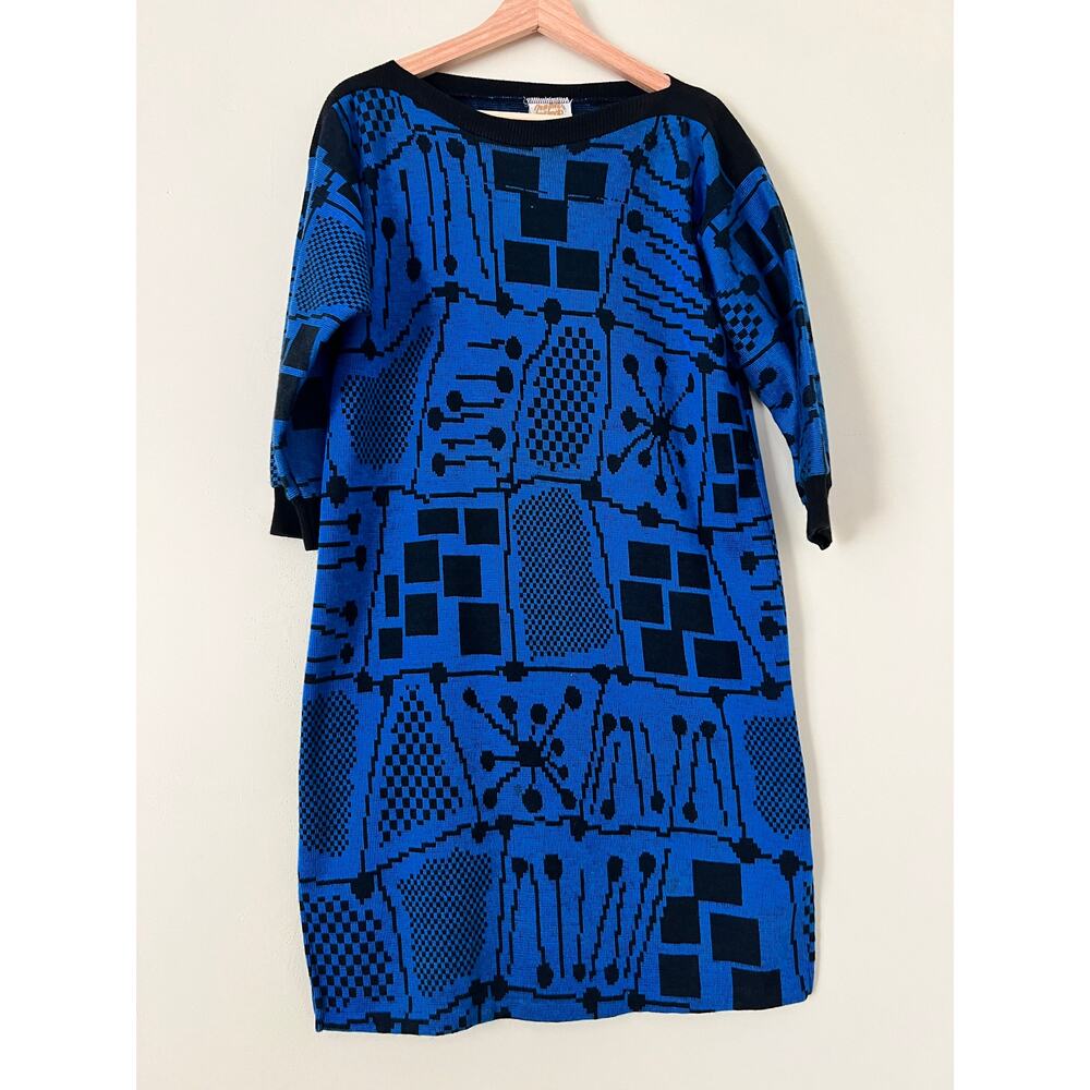 Vintage 1960s 1950s NYC Knitworks Women's Sweater Dress Mod Atomic Blue Black M